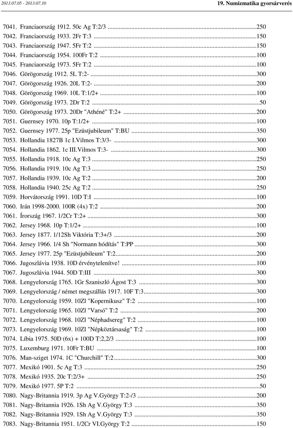 ..200 7051. Guernsey 1970. 10p T:1/2+...100 7052. Guernsey 1977. 25p "Ezüstjubileum" T:BU...350 7053. Hollandia 1827B 1c I.Vilmos T:3/3-...300 7054. Hollandia 1862. 1c III.Vilmos T:3-...300 7055.