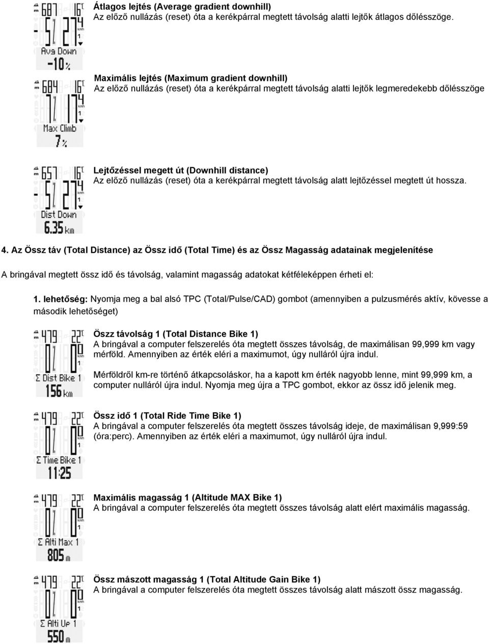 nullázás (reset) óta a kerékpárral megtett távlság alatt lejtőzéssel megtett út hssza. 4.