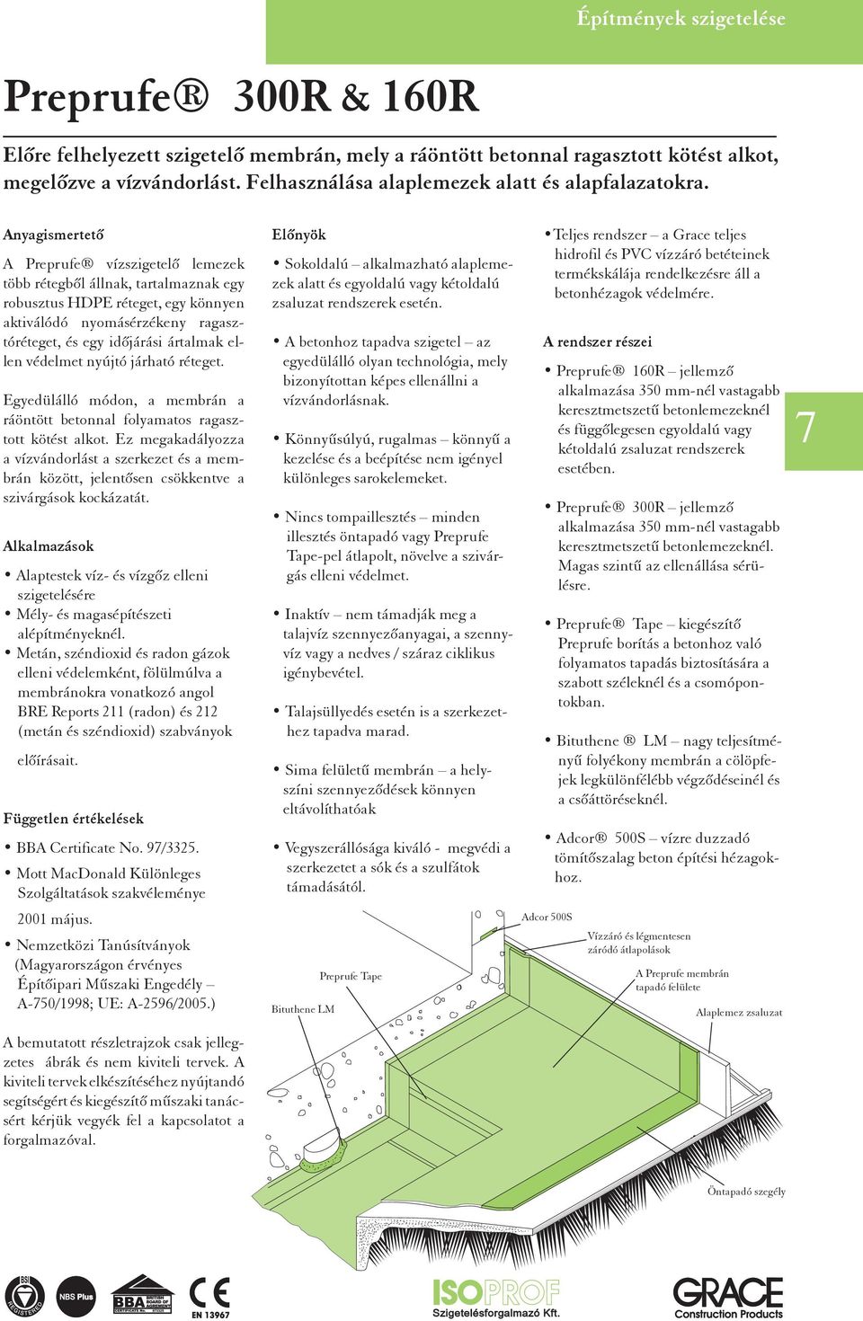 Anyagismertetõ A Preprufe vízszigetelõ lemezek több rétegbõl állnak, tartalmaznak egy robusztus HDPE réteget, egy könnyen aktiválódó nyomásérzékeny ragasztóréteget, és egy idõjárási ártalmak ellen