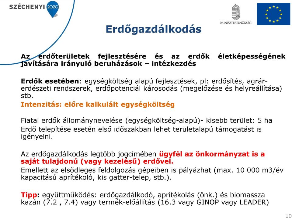 Intenzitás: előre kalkulált egységköltség Fiatal erdők állománynevelése (egységköltség-alapú)- kisebb terület: 5 ha Erdő telepítése esetén első időszakban lehet területalapú támogatást is igényelni.