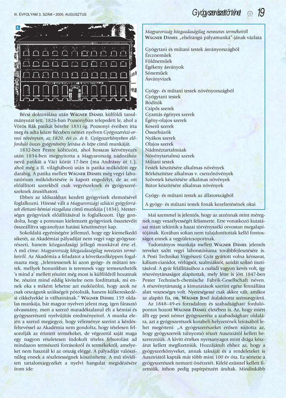 Ásványvizek Bécsi doktorálása után WÁGNER DÁNIEL külföldi tanulmányutat tett. 1826-ban Pozsonyban telepedett le, ahol a Vörös Rák patikát bérelte 1831-ig.