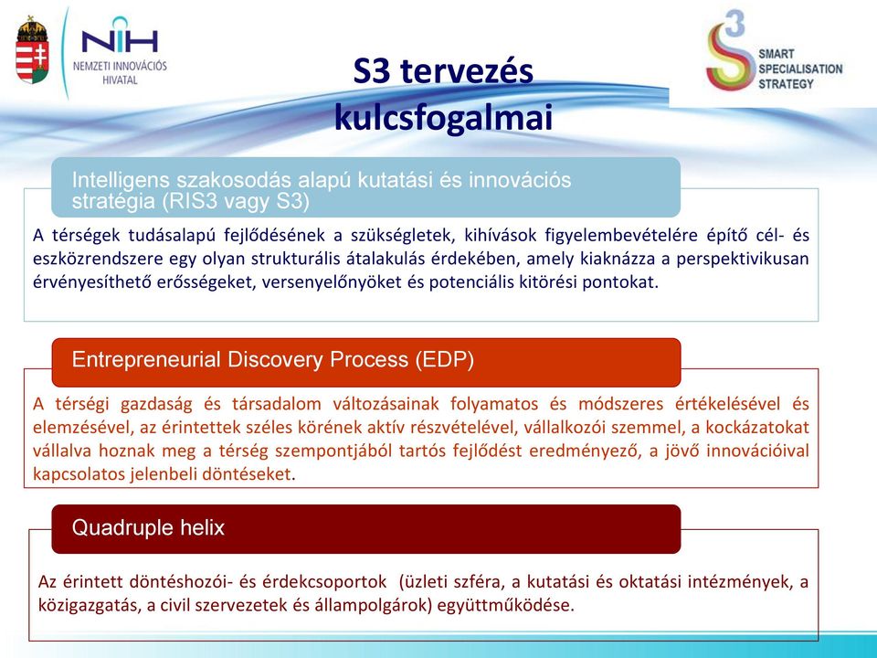 Entrepreneurial Discovery Process (EDP) A térségi gazdaság és társadalom változásainak folyamatos és módszeres értékelésével és elemzésével, az érintettek széles körének aktív részvételével,