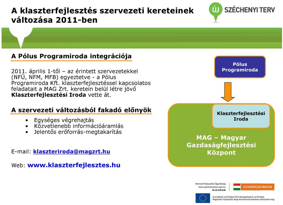 klaszterfejlesztéssel kapcsolatos feladatait a MAG Zrt. keretein belül létre jövő Klaszterfejlesztési Iroda vette át.