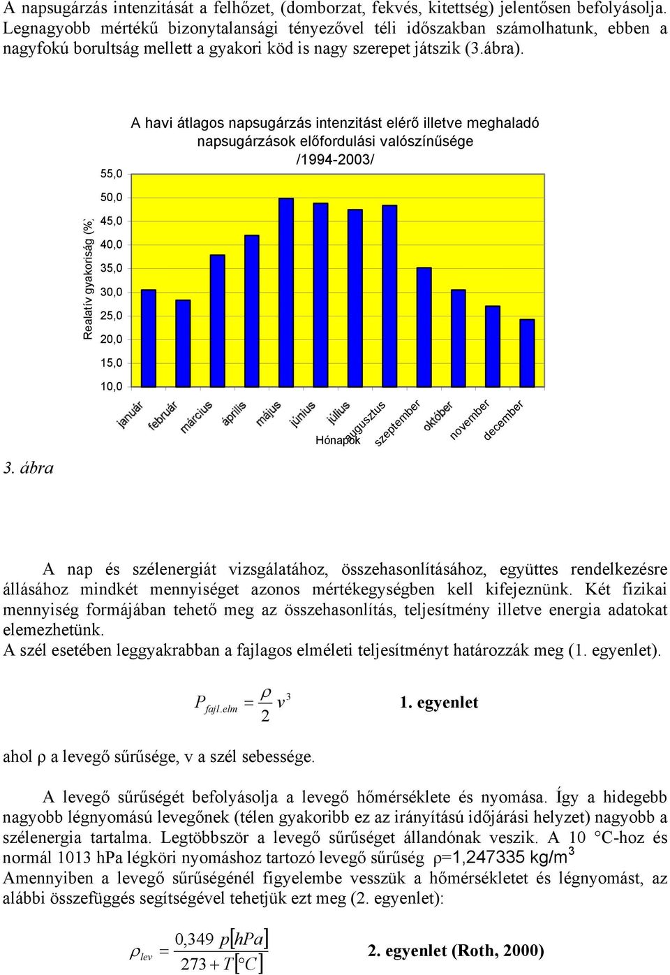 55, A havi átlagos napsugárzás intenzitást elérő illetve meghaladó napsugárzások előfordulási valószínűsége /1994-23/ 5, Realatív gyakoriság (%) 45, 4, 35, 3, 25, 2, 3.