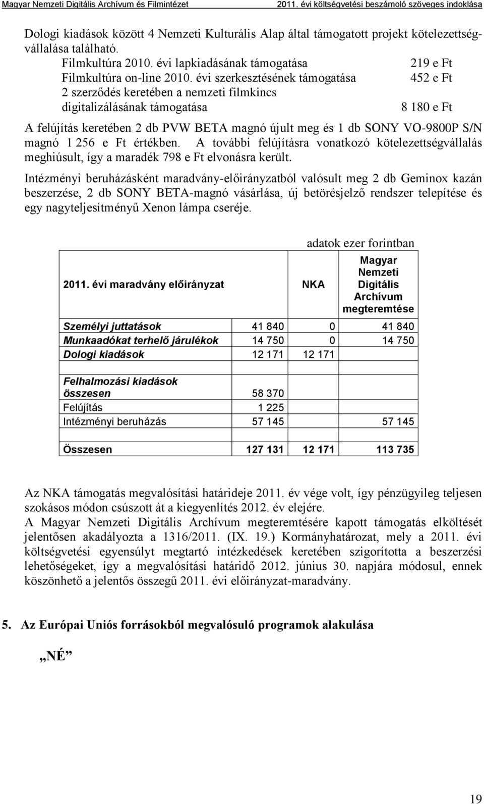 magnó 1 256 e Ft értékben. A további felújításra vonatkozó kötelezettségvállalás meghiúsult, így a maradék 798 e Ft elvonásra került.