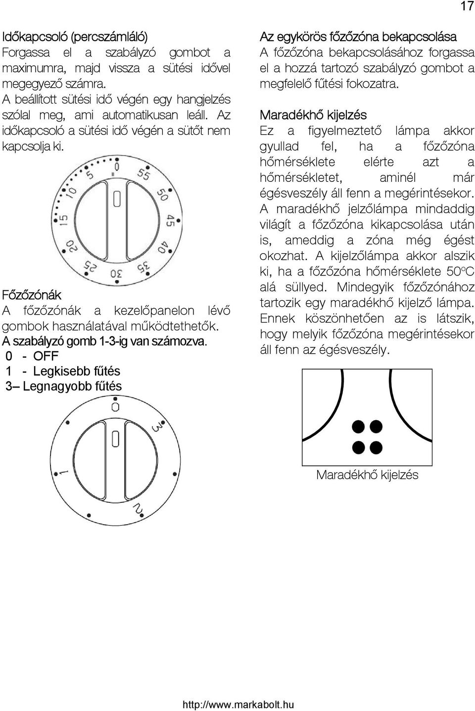 Főzőzónák A főzőzónák a kezelőpanelon lévő gombok használatával működtethetők. A szabályzó gomb 1-3-ig van számozva.