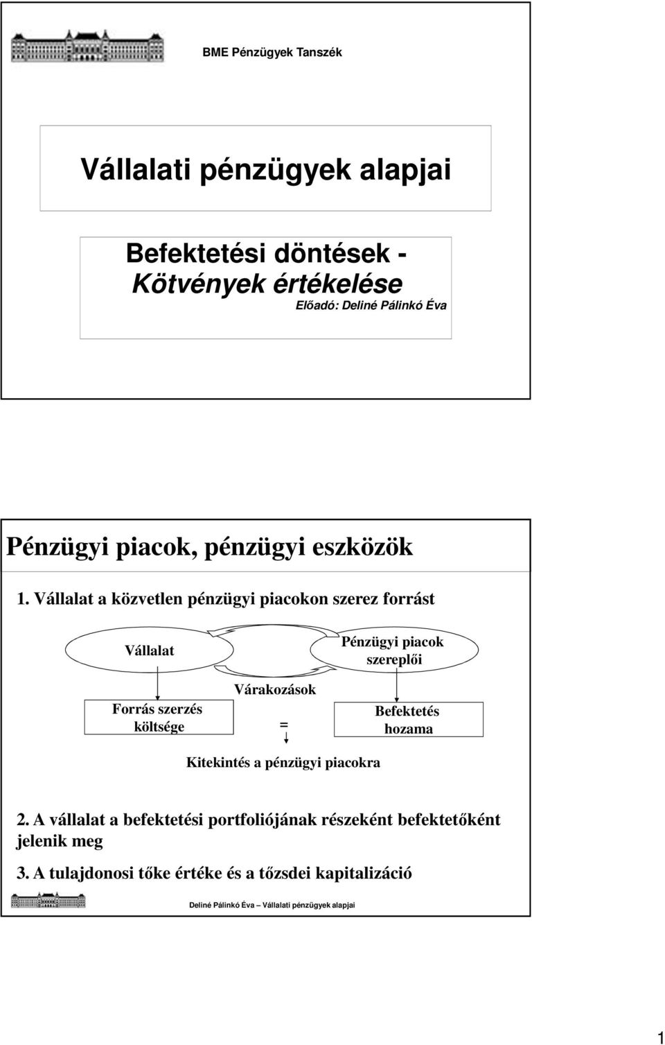 Vállalat a közvetlen pénzügyi piacokon szerez forrást Vállalat Várakozások Forrás szerzés költsége = Pénzügyi piacok