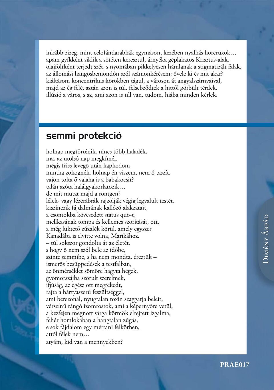 kiáltásom koncentrikus körökben tágul, a városon át angyalszárnyaival, majd az ég felé, aztán azon is túl. felsebződtek a hittől görbült térdek. illúzió a város, s az, ami azon is túl van.