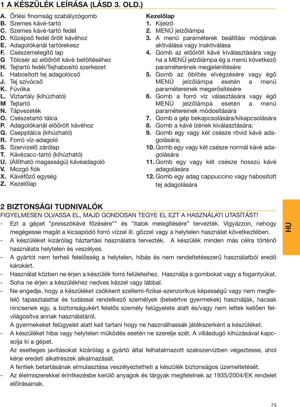 Tápvezeték O. Csészetartó tálca P. Adagolókanál előőrölt kávéhoz Q. Csepptálca (kihúzható) R. Forró víz-adagoló S. Szervizelő zárólap T. Kávézacc-tartó (kihúzható) U.