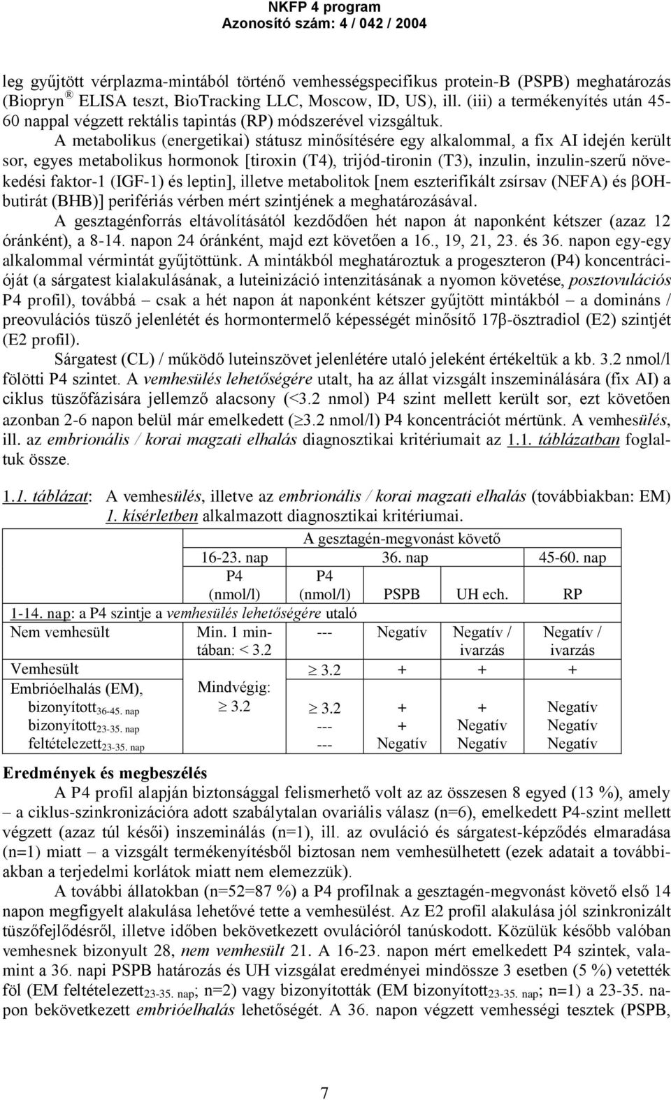 A metabolikus (energetikai) státusz minősítésére egy alkalommal, a fix AI idején került sor, egyes metabolikus hormonok [tiroxin (T4), trijód-tironin (T3), inzulin, inzulin-szerű növekedési faktor-1