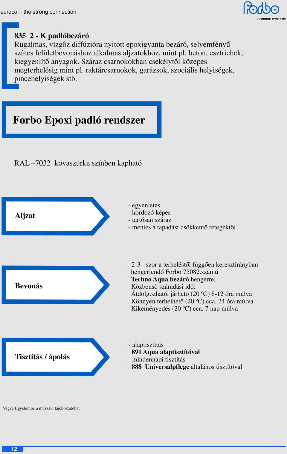 Forbo Epoxi padló rendszer RAL 7032 kovaszürke színben kapható Aljzat - egyenletes - hordozó képes - tartósan száraz - mentes a tapadást csökkentő rétegektől Bevonás - 2-3 - szor a terheléstől