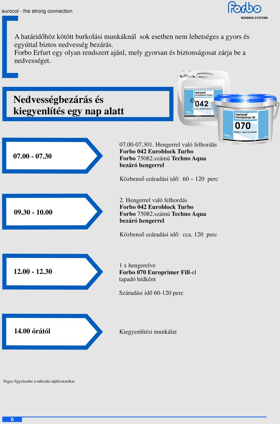 Nedvességbezárás és kiegyenlítés egy nap alatt euroblock turbo 042 1-K PU SPERRGRUND 10 KG 07.00-07.30 07.00-07.301. Hengerrel való felhordás Forbo 042 Euroblock Turbo Forbo 75082.