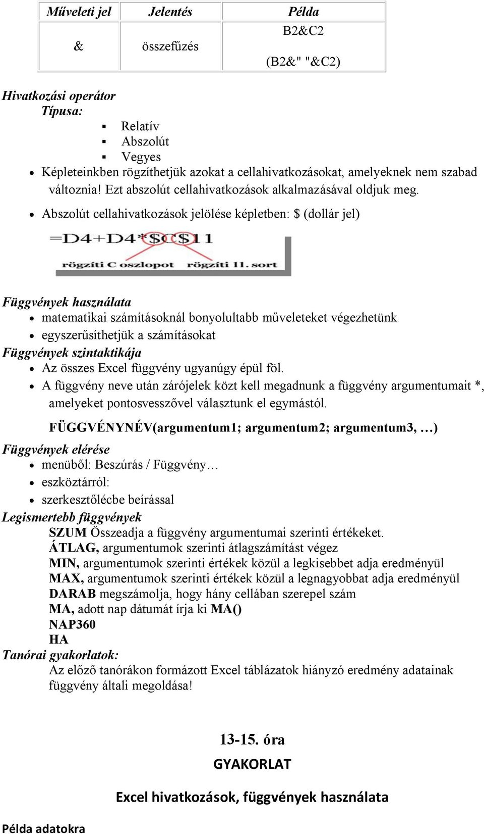 Abszolút cellahivatkozások jelölése képletben: $ (dollár jel) Függvények használata matematikai számításoknál bonyolultabb műveleteket végezhetünk egyszerűsíthetjük a számításokat Függvények