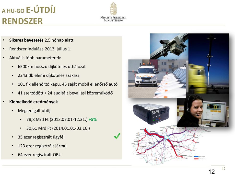 45 saját mobil ellenőrző autó 41 szerződött / 24 auditált bevallási közreműködő Kiemelkedő eredmények Megszolgált útdíj