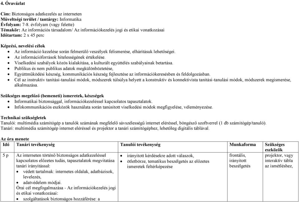 veszélyek felismerése, elhárításuk lehetőségei. Az információforrások hitelességének értékelése. Viselkedési szabályok közös kialakítása, a kulturált együttélés szabályainak betartása.