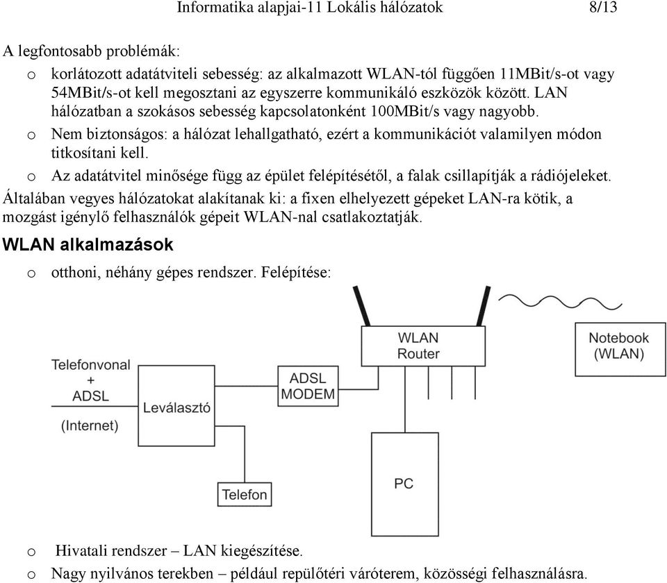 o Nem biztonságos: a hálózat lehallgatható, ezért a kommunikációt valamilyen módon titkosítani kell. o Az adatátvitel minősége függ az épület felépítésétől, a falak csillapítják a rádiójeleket.