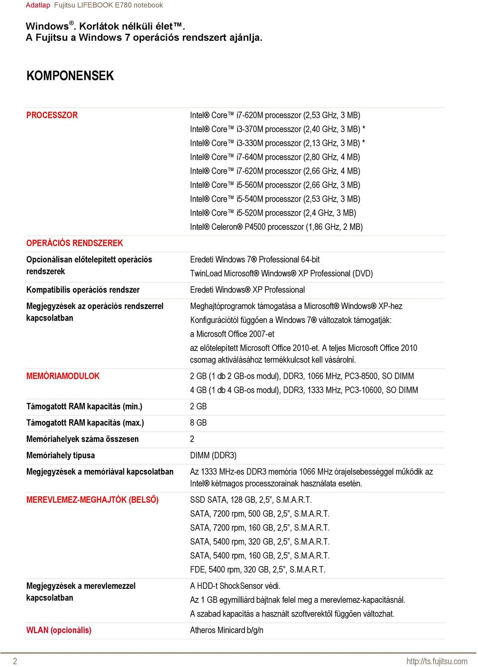 ) Memóriahelyek száma összesen 2 Memóriahely típusa Megjegyzések a memóriával kapcsolatban MEREVLEMEZ-MEGHAJTÓK (BELSŐ) Megjegyzések a merevlemezzel kapcsolatban WLAN (opcionális) Intel Core i7-620m