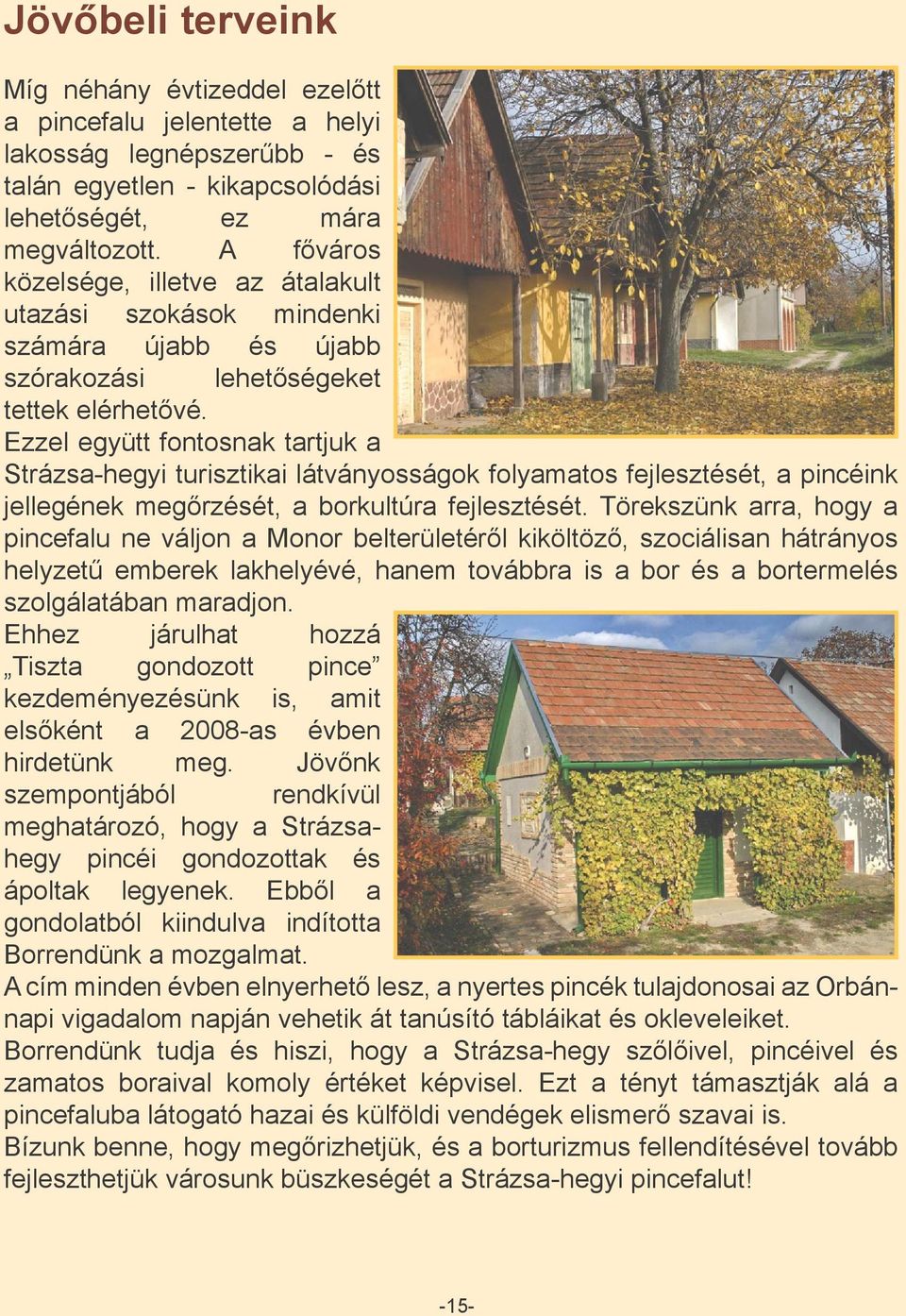 Ezzel együtt fontosnak tartjuk a Strázsa-hegyi turisztikai látványosságok folyamatos fejlesztését, a pincéink jellegének megőrzését, a borkultúra fejlesztését.