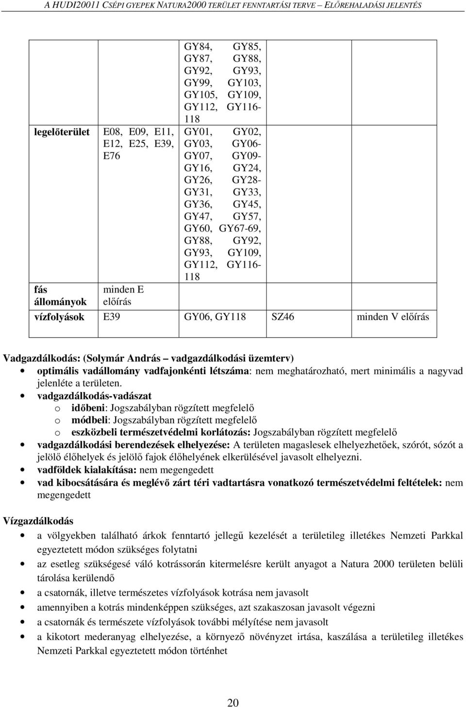 GY116-118 vízfolyások E39 GY06, GY118 SZ46 minden V előírás Vadgazdálkodás: (Solymár András vadgazdálkodási üzemterv) optimális vadállomány vadfajonkénti létszáma: nem meghatározható, mert minimális