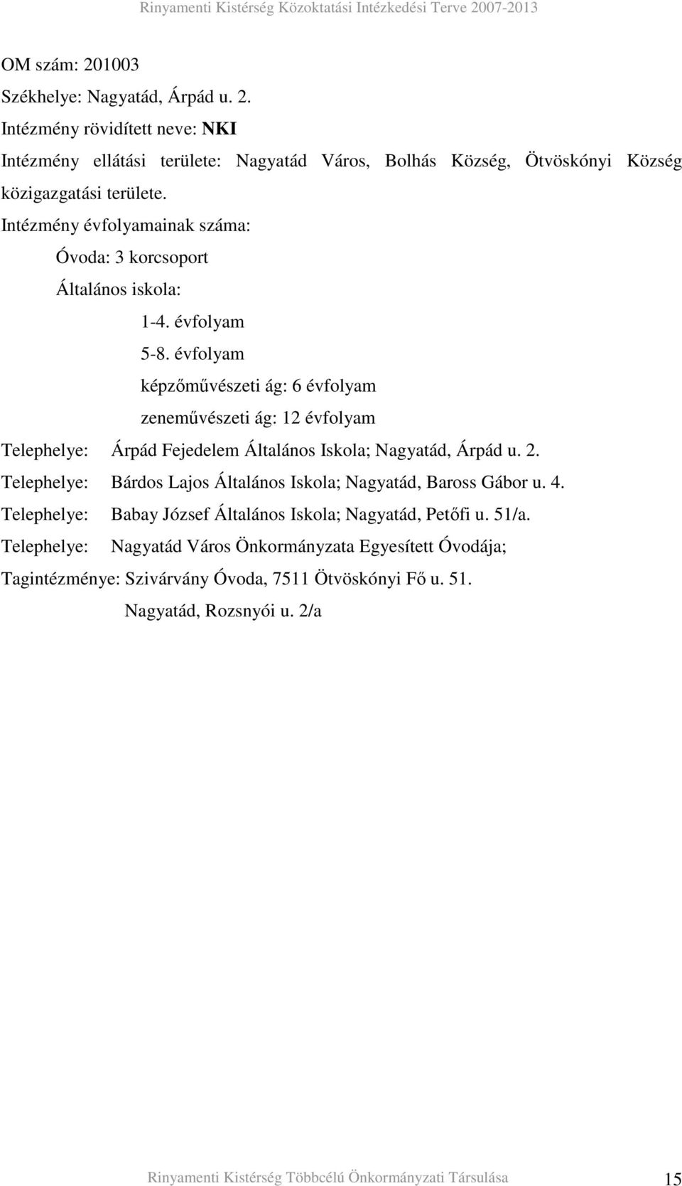 évfolyam képzımővészeti ág: 6 évfolyam zenemővészeti ág: 12 évfolyam Telephelye: Árpád Fejedelem Általános Iskola; Nagyatád, Árpád u. 2.