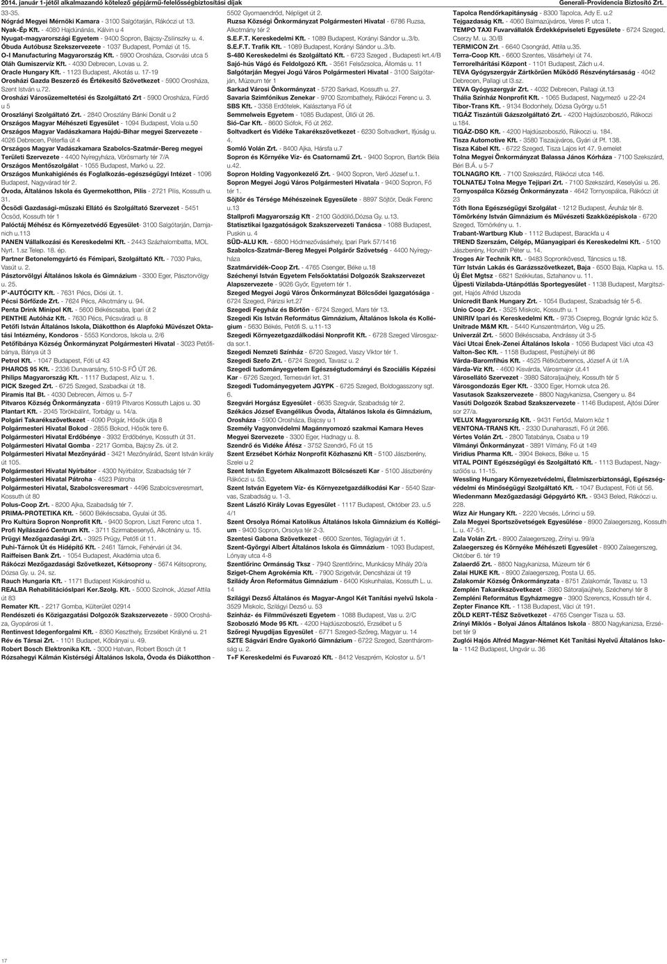 17-19 Orosházi Gazda Beszerző és Értékesítő Szövetkezet - 5900 Orosháza, Szent István u.72. Orosházi Városüzemeltetési és Szolgáltató Zrt - 5900 Orosháza, Fürdő u 5 Oroszlányi Szolgáltató Zrt.