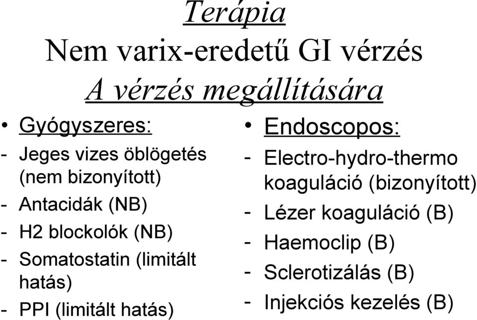 (limitált hatás) - PPI (limitált hatás) Endoscopos: - Electro-hydro-thermo koaguláció