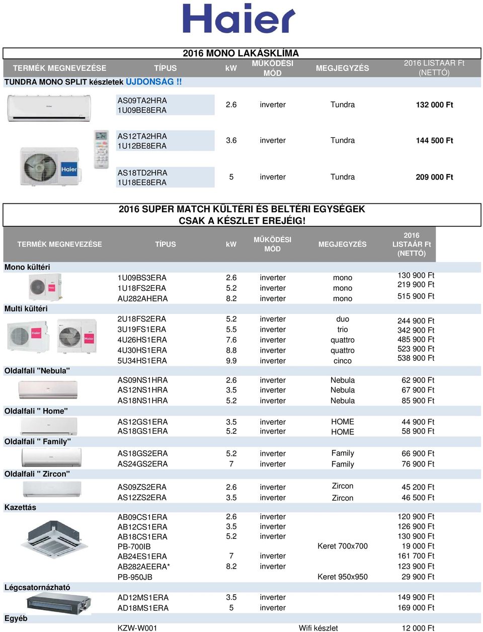 SUPER MATCH KÜLTÉRI ÉS CSAK A KÉSZLET EREJÉIG! MEGJEGYZÉS 1U09BS3ERA 2.6 inverter mono 1U18FS2ERA 5.2 inverter mono AU282AHERA 8.2 inverter mono 2U18FS2ERA 5.2 inverter duo 3U19FS1ERA 5.