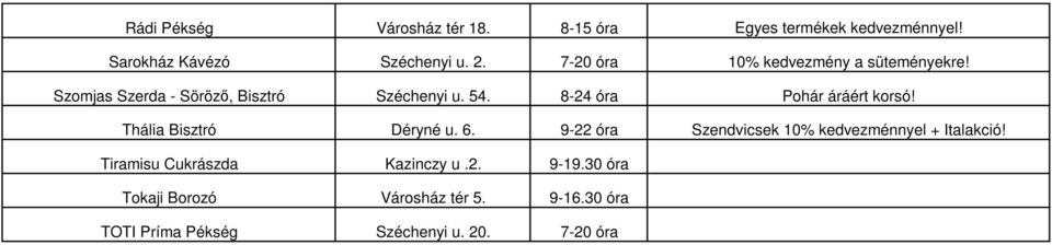 8-24 óra Pohár áráért korsó! Thália Bisztró Déryné u. 6. 9-22 óra Szendvicsek 10% kedvezménnyel + Italakció!