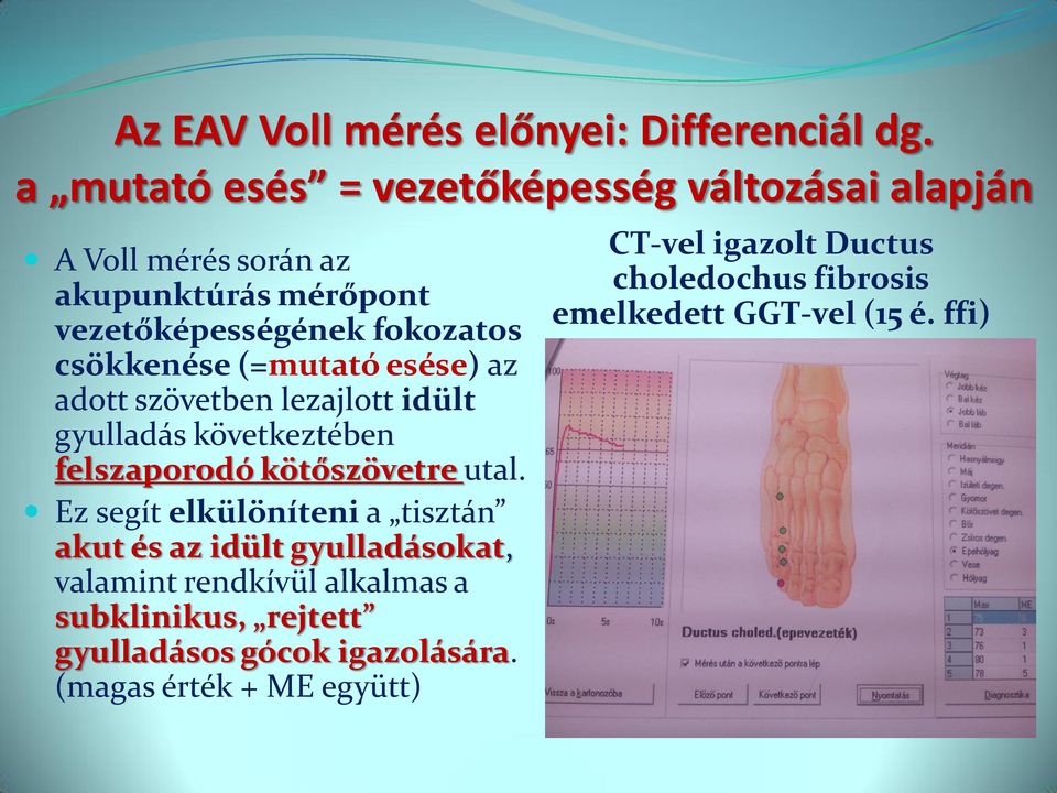 csökkenése (=mutató esése) az adott szövetben lezajlott idült gyulladás következtében felszaporodó kötőszövetre utal.