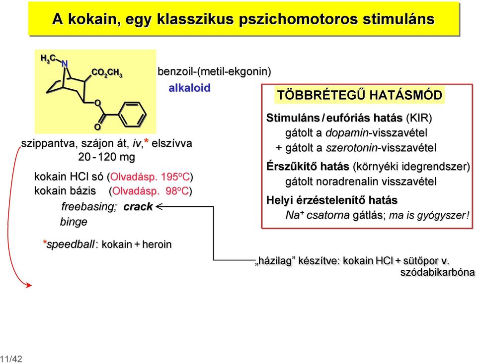 98 o C) freebasing; crack binge benzoil-(metil-ekgonin) ekgonin) alkaloid TÖBBRÉTEGŰ HATÁSMÓD Stimuláns / eufóriás hatás (KIR) gátolt a