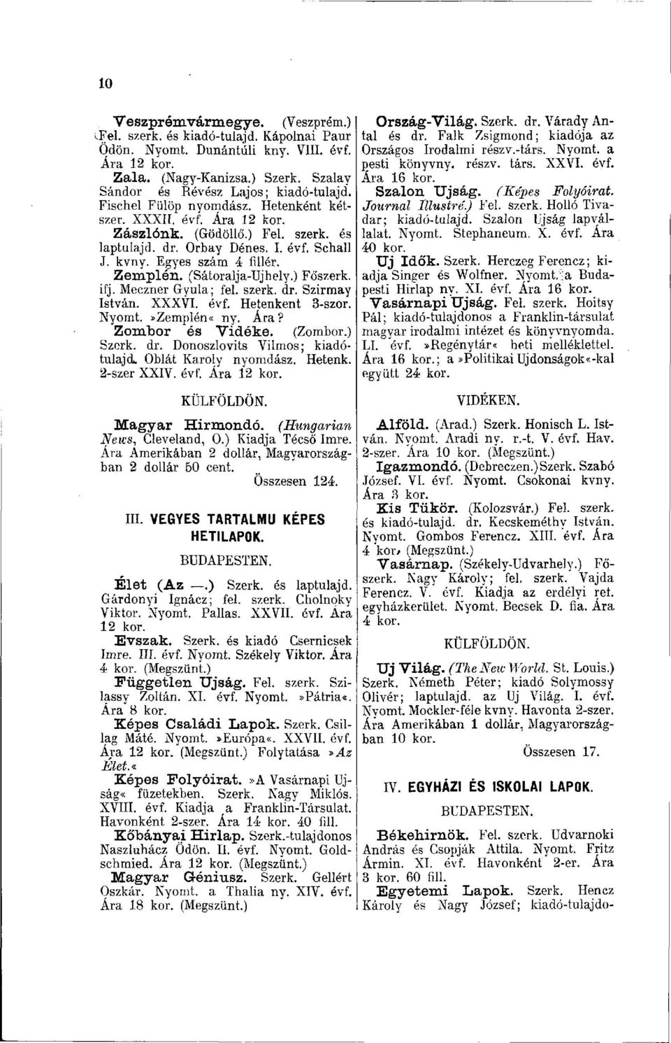Egyes szám 4 fillér. Zemplén. (Sátoralja-Ujhely.) Fó'szerk. ifj. Meczner Gyula; fel. szerk. dr. Szirmay István. XXXVI. évf. Hetenkent 3-szor. Nyomt.»Zemplén«ny. Ára? Zombor és Vidéke. (Zombor.) Szerk.