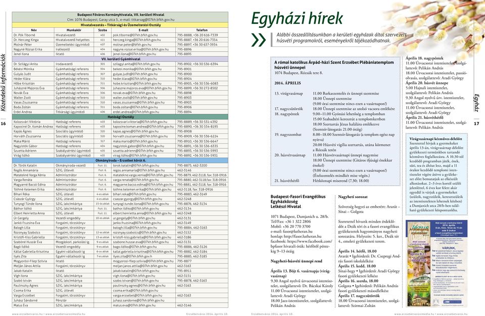 Herczeg Kinga Hivatalvezető helyettes 411 herczeg.kinga@07kh.bfkh.gov.hu 795-8887, +36 20 616-7354 Molnár Péter Üzemeltetési ügyintéző 407 molnar.peter@bfkh.gov.hu 795-8897, +36 30 637-3934 Nagyné Rózsai Erika Iratkezelő 404 nagyne.
