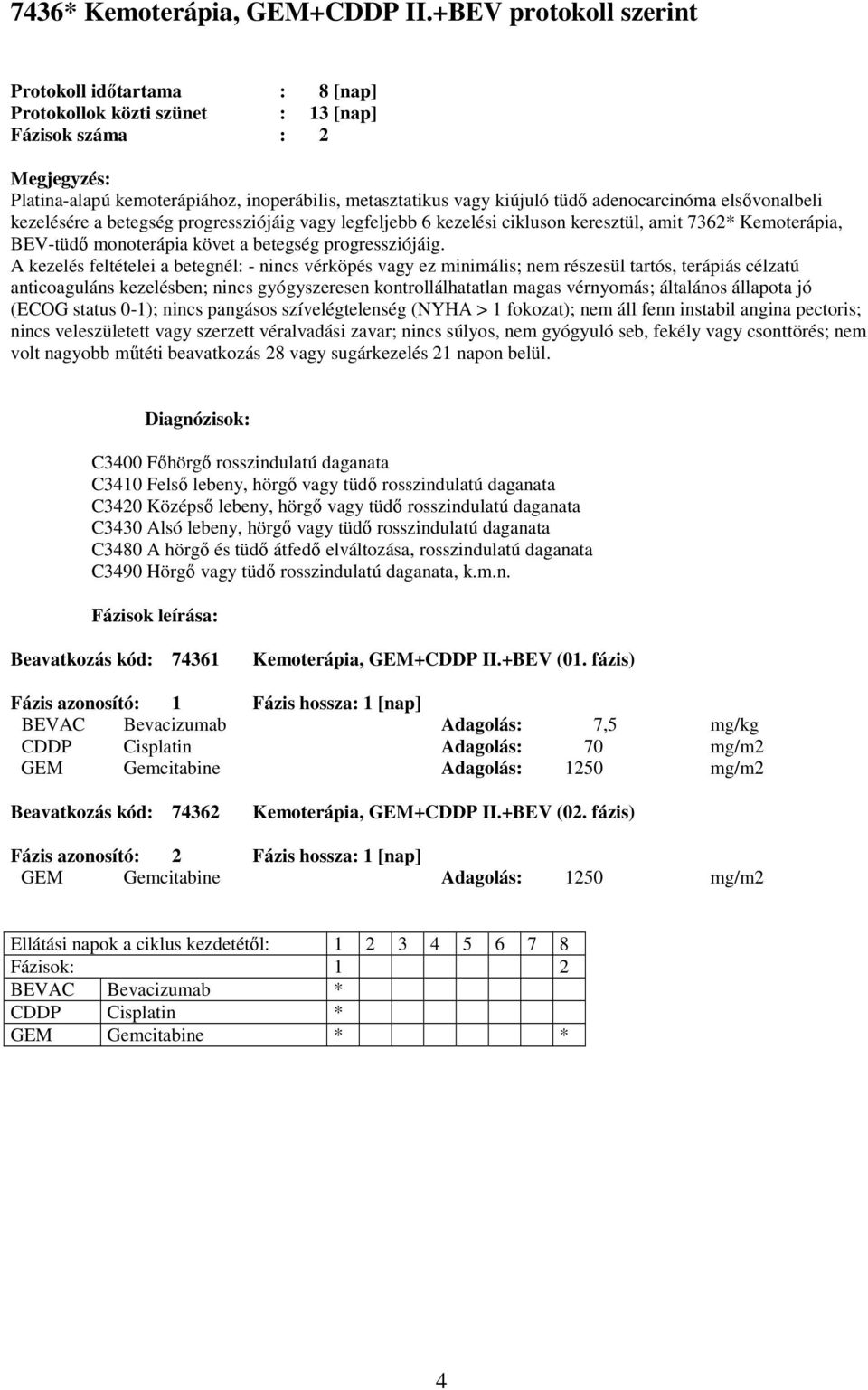 Beavatkozás kód: 74361 Kemoterápia, GEM+CDDP II.+BEV (01.