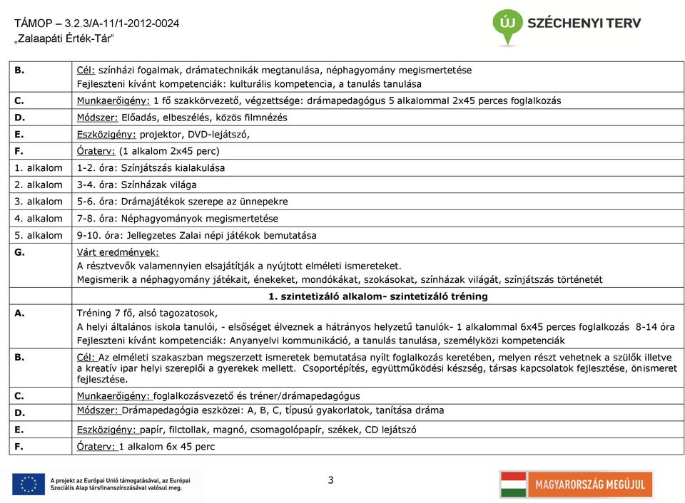 Óraterv: (1 alkalom 2x45 perc) 1. alkalom 1-2. óra: Színjátszás kialakulása 2. alkalom 3-4. óra: Színházak világa 3. alkalom 5-6. óra: Drámajátékok szerepe az ünnepekre 4. alkalom 7-8.