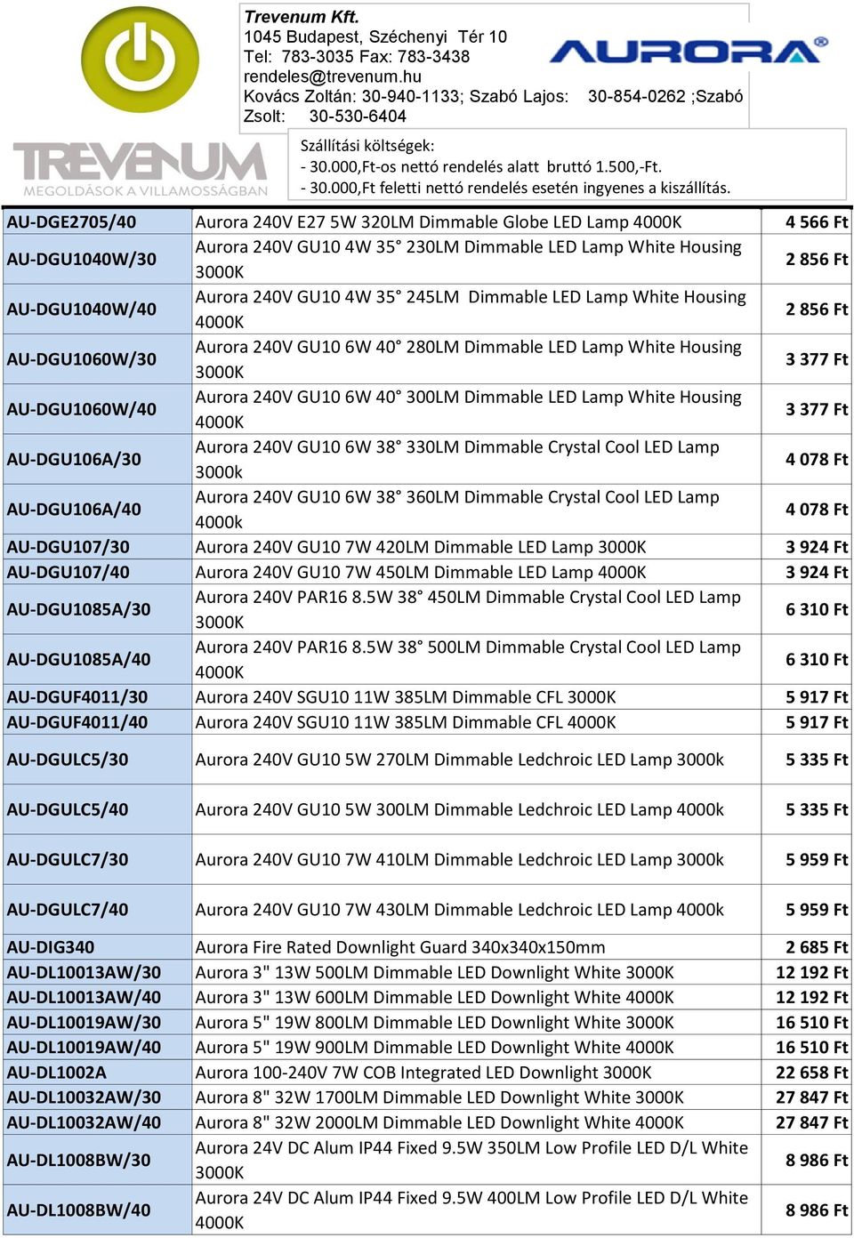 Housing 3 377 Ft AU-DGU106A/30 Aurora 240V GU10 6W 38 330LM Dimmable Crystal Cool LED Lamp 3000k 4 078 Ft AU-DGU106A/40 Aurora 240V GU10 6W 38 360LM Dimmable Crystal Cool LED Lamp 4000k 4 078 Ft