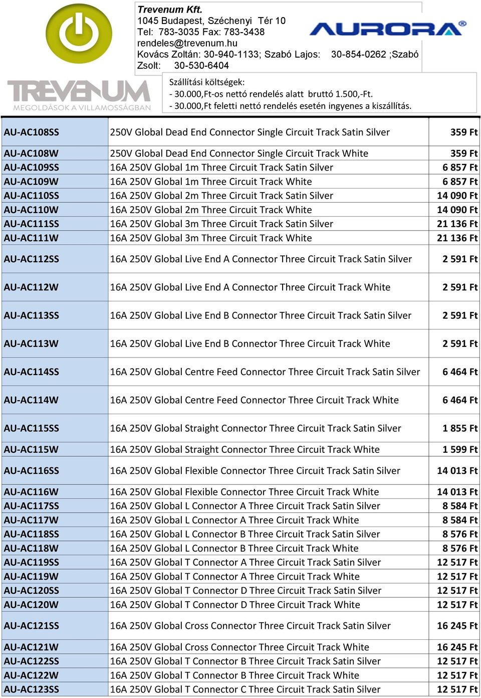 2m Three Circuit Track White 14 090 Ft AU-AC111SS 16A 250V Global 3m Three Circuit Track Satin Silver 21 136 Ft AU-AC111W 16A 250V Global 3m Three Circuit Track White 21 136 Ft AU-AC112SS 16A 250V