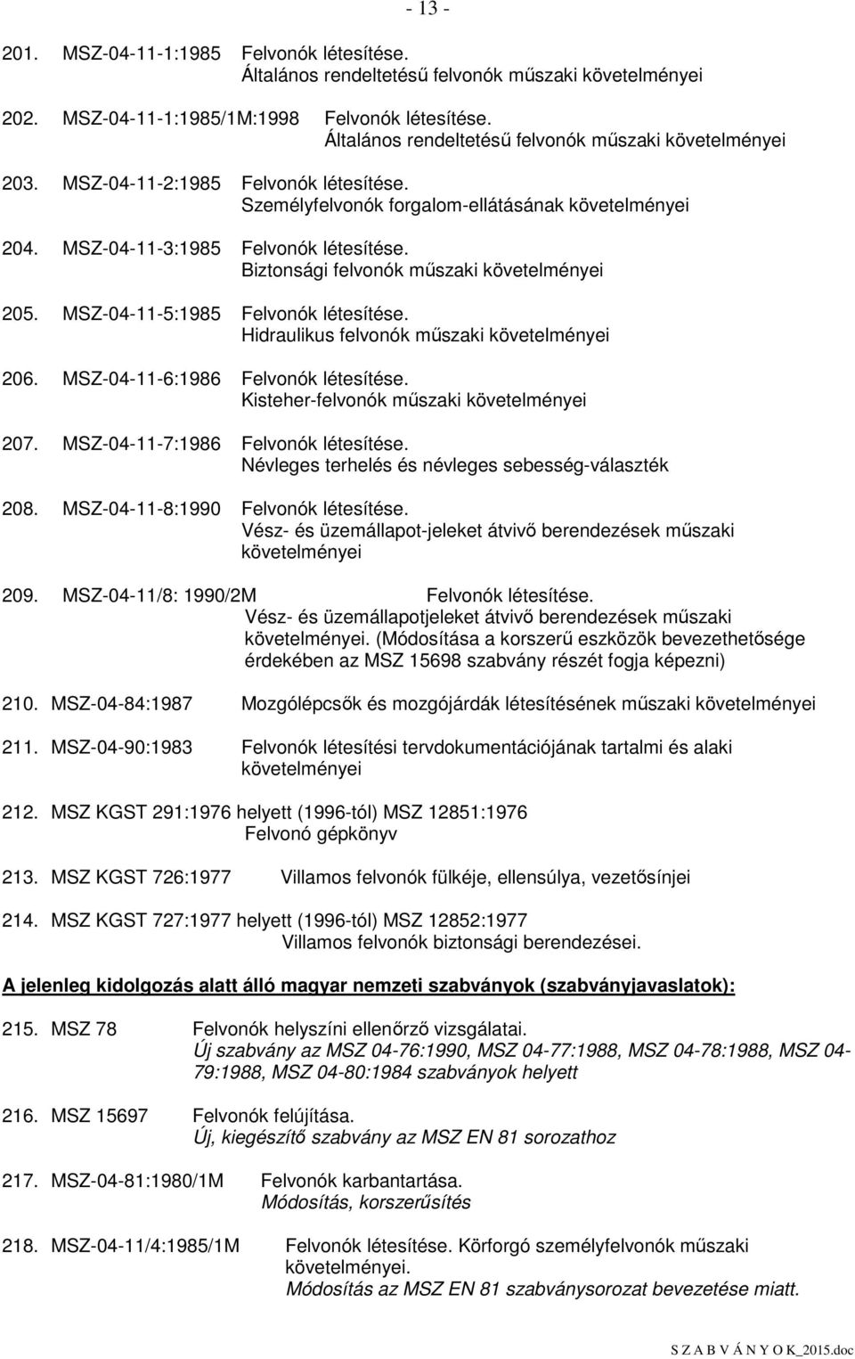 Biztonsági felvonók mőszaki követelményei 205. MSZ-04-11-5:1985 Felvonók létesítése. Hidraulikus felvonók mőszaki követelményei 206. MSZ-04-11-6:1986 Felvonók létesítése.