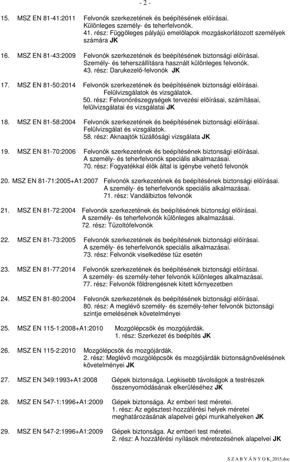 MSZ EN 81-50:2014 Felvonók szerkezetének és beépítésének biztonsági elıírásai. Felülvizsgálatok és vizsgálatok. 50.