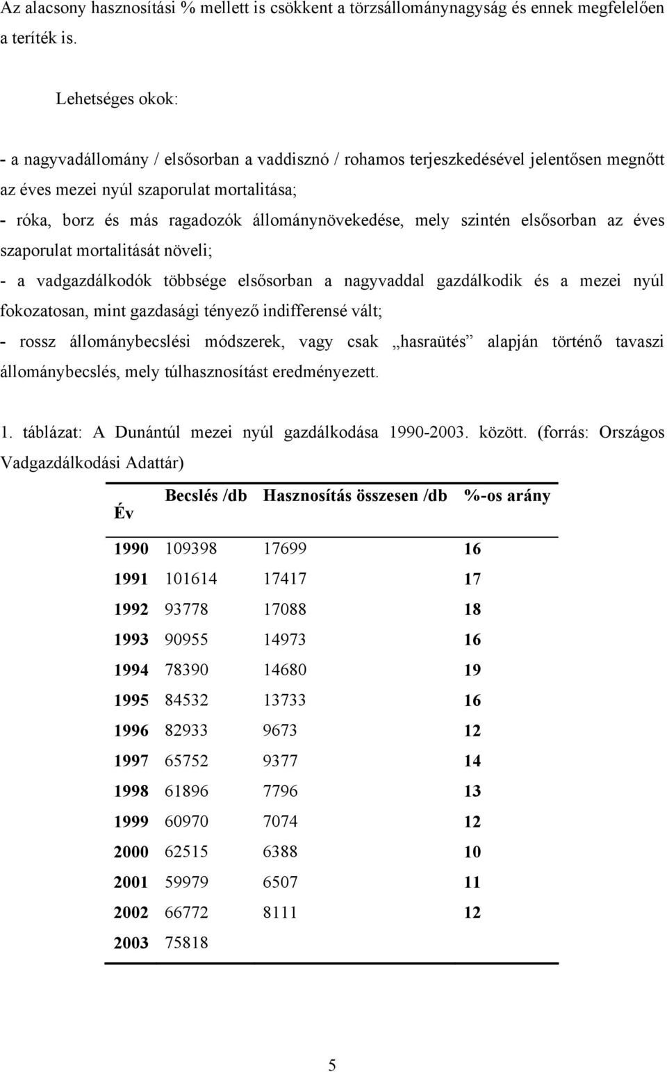 állománynövekedése, mely szintén elsősorban az éves szaporulat mortalitását növeli; - a vadgazdálkodók többsége elsősorban a nagyvaddal gazdálkodik és a mezei nyúl fokozatosan, mint gazdasági tényező