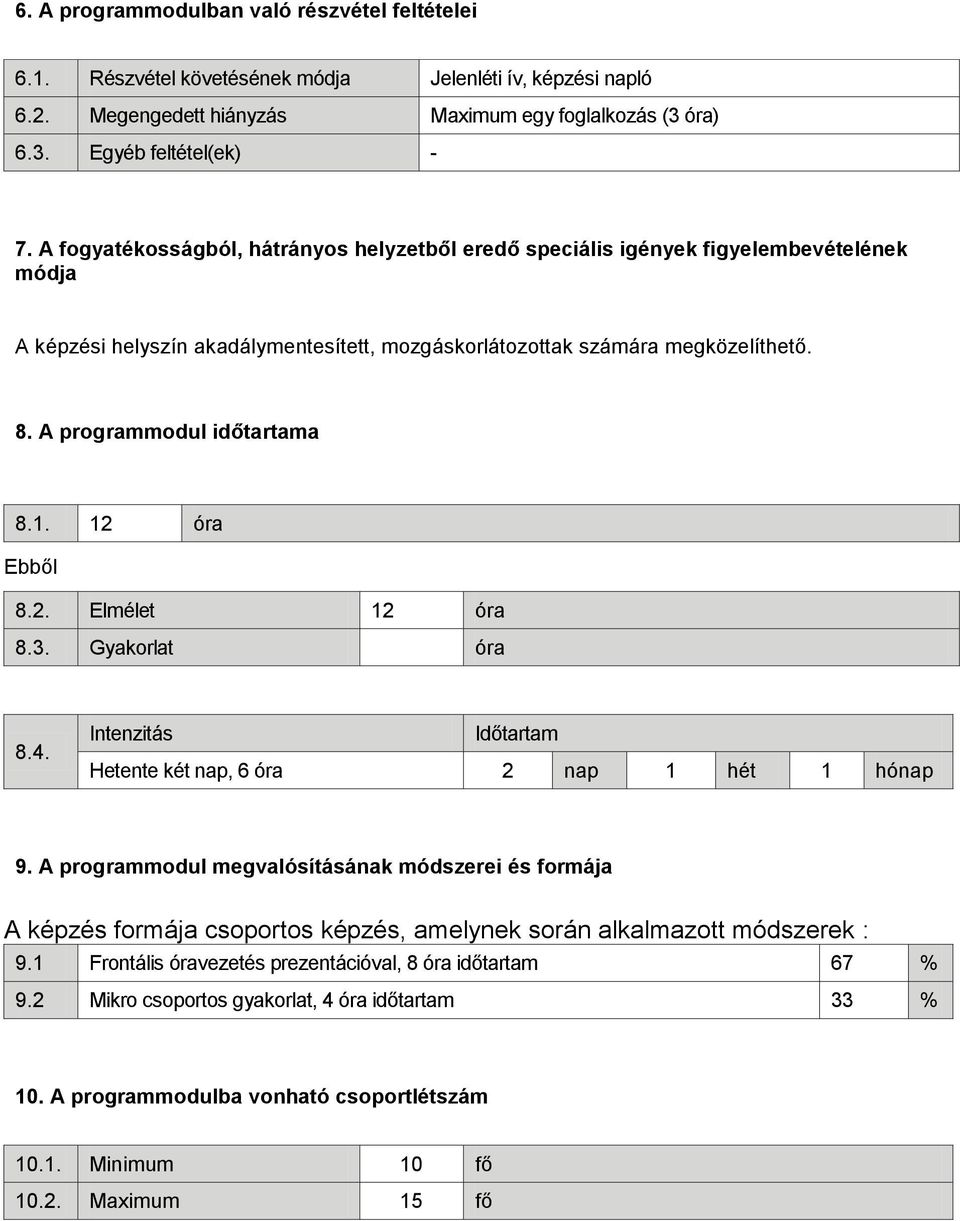 A programmodul időtartama 8.1. 12 óra Ebből 8.2. Elmélet 12 óra 8.3. Gyakorlat óra 8.4. Intenzitás Időtartam Hetente két nap, 6 óra 2 nap 1 hét 1 hónap 9.