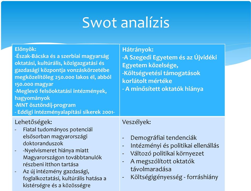 doktoranduszok - -Nyelvismeret hiánya miatt Magyarországon továbbtanulók részbeni itthon tartása - Az új intézmény gazdasági, foglalkoztatási, kultúrális hatása a kistérségre és a közösségre