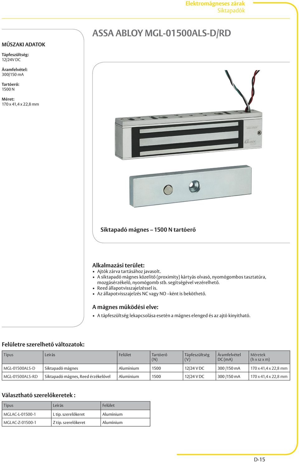 MGL-01500ALS-D Síktapadó mágnes Alumínium 1500 12/24 V DC 300 /150 ma 170 x 41,4 x 22,8 mm MGL-01500ALS-RD