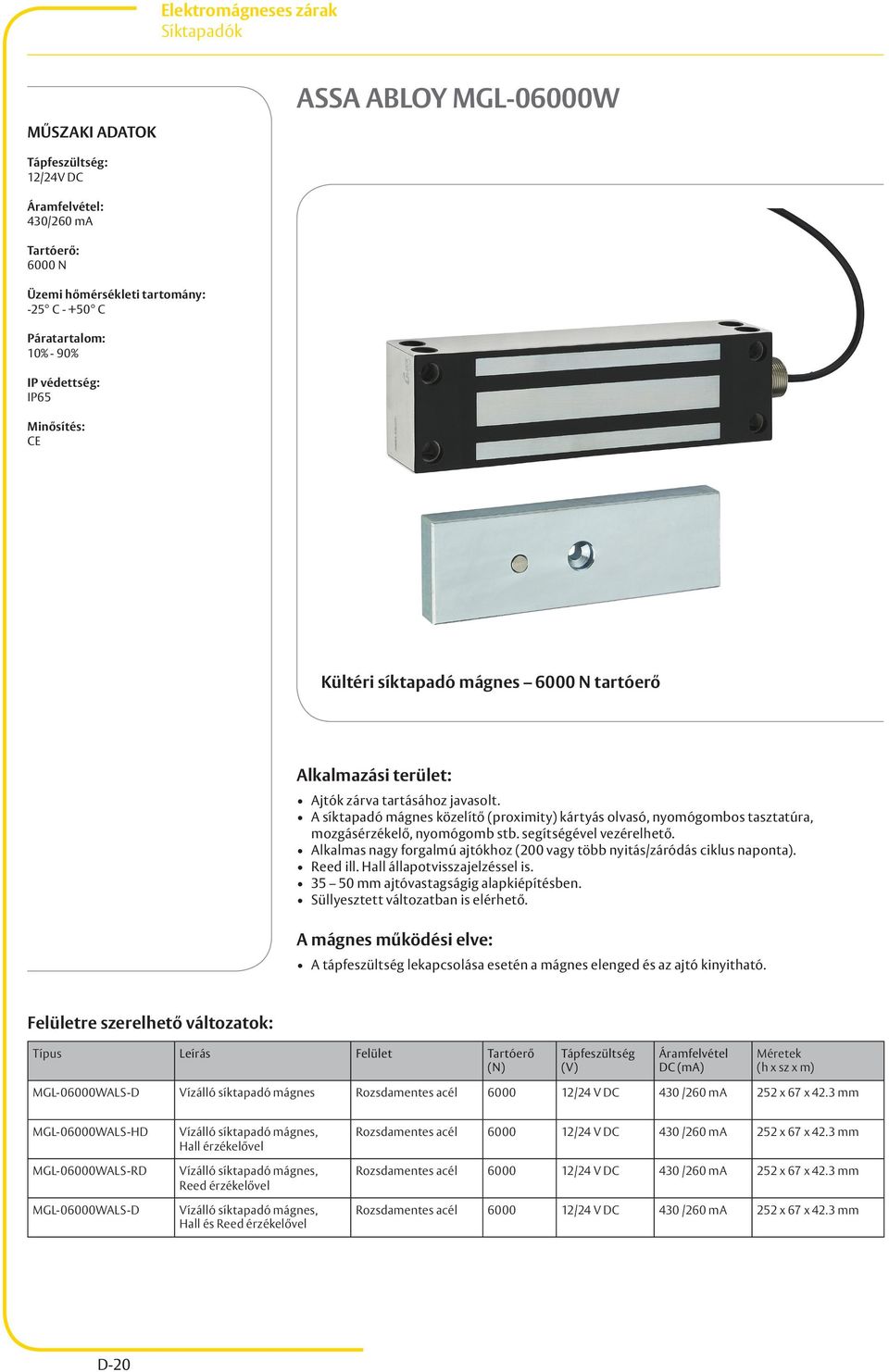 MGL-06000WALS-D Vízálló síktapadó mágnes Rozsdamentes acél 6000 12/24 V DC 430 /260 ma 252 x 67 x 42.