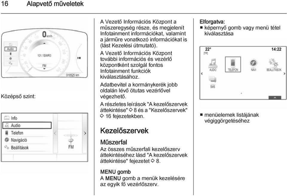 Adatbevitel a kormánykerék jobb oldalán lévő ötutas vezérlővel végezhető. A részletes leírások "A kezelőszervek áttekintése" 3 8 és a "Kezelőszervek" 3 16 fejezetekben.