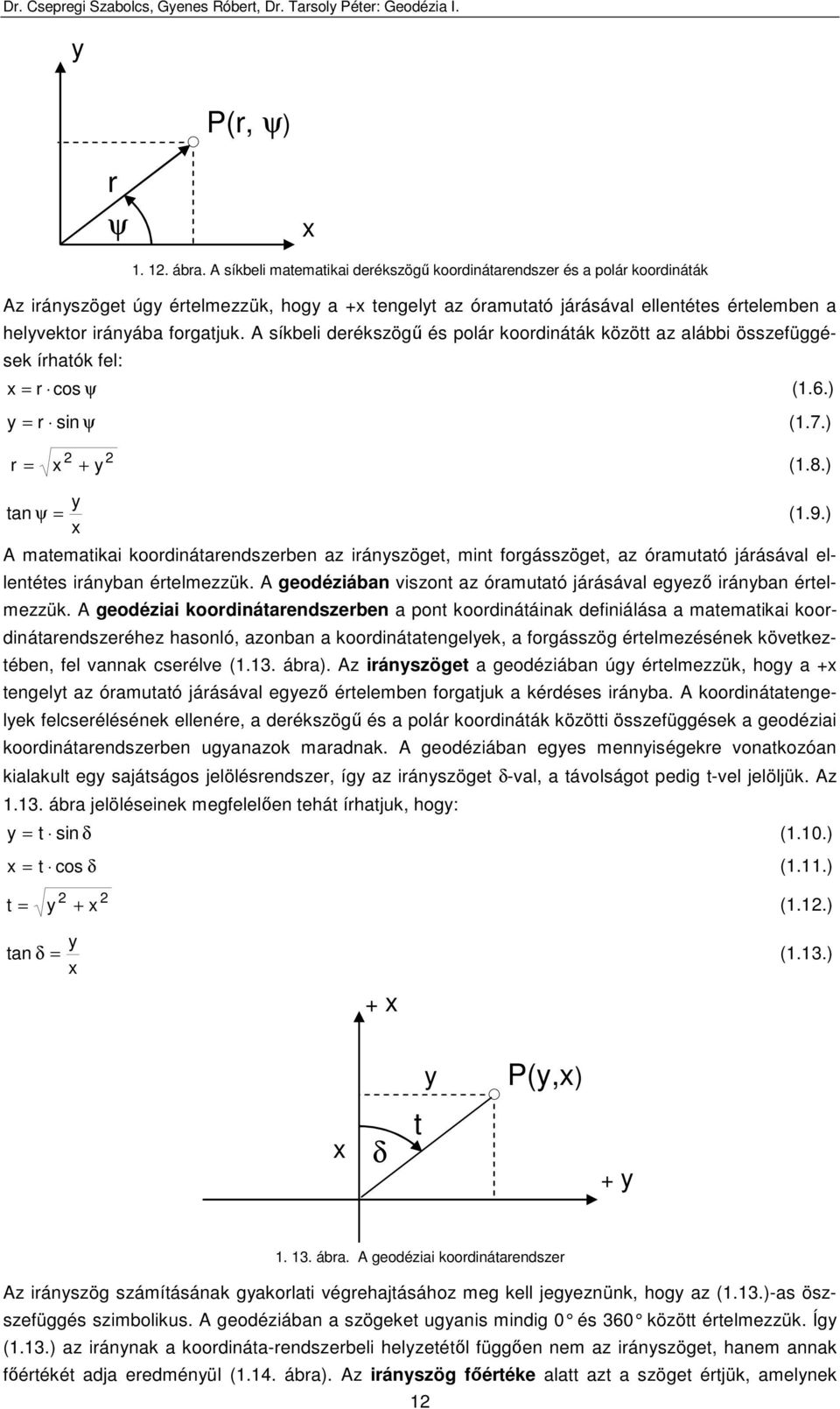 forgatjuk. A síkbeli derékszögő és polár koordináták között az alábbi összefüggések írhatók fel: x r cos ψ (1.6.) y r sin ψ (1.7.) r x + y (1.8.) y tan ψ x (1.9.