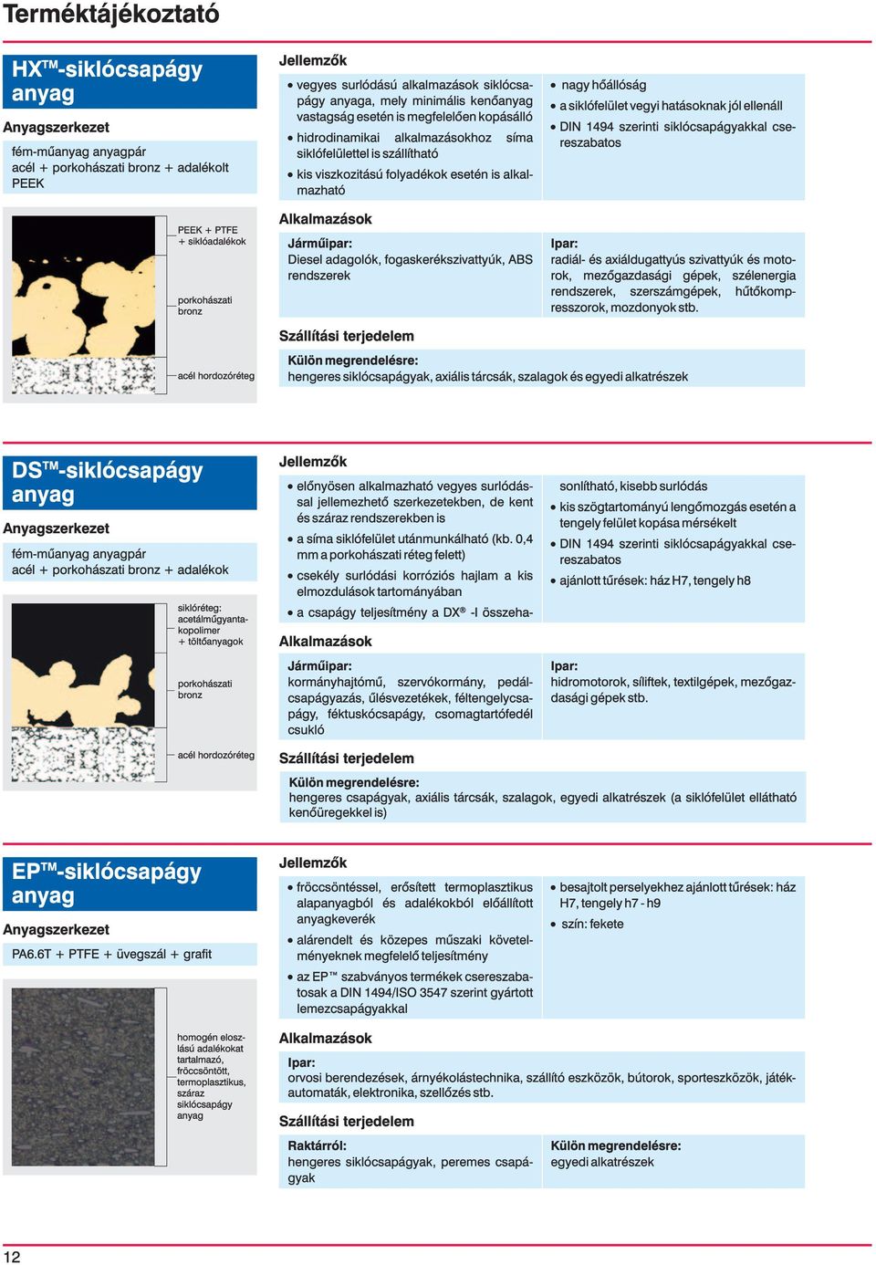 siklócsapágyakkal cse- reszabatos PEEK + PTFE + siklóadalékok porkohászati bronz acél hordozóréteg Jármûipar: Diesel adagolók, fogaskerékszivattyúk, ABS radiál- és axiáldugattyús szivattyúk és moto-