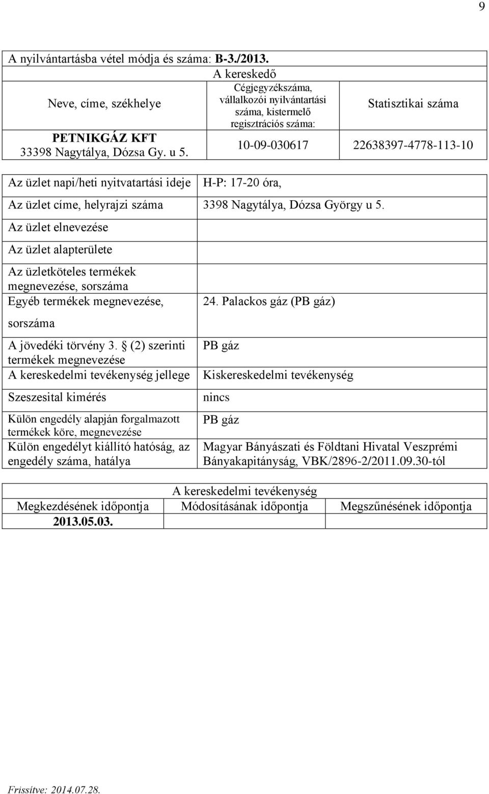 száma 3398 Nagytálya, Dózsa György u 5. Az üzlet alapterülete jellege 24.