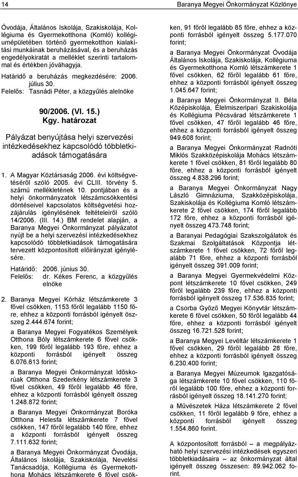 15.) Kgy. határozat Pályázat benyújtása helyi szervezési intézkedésekhez kapcsolódó többletkiadások támogatására 1. A Magyar Köztársaság 2006. évi költségvetéséről szóló 2005. évi CLIII. törvény 5.