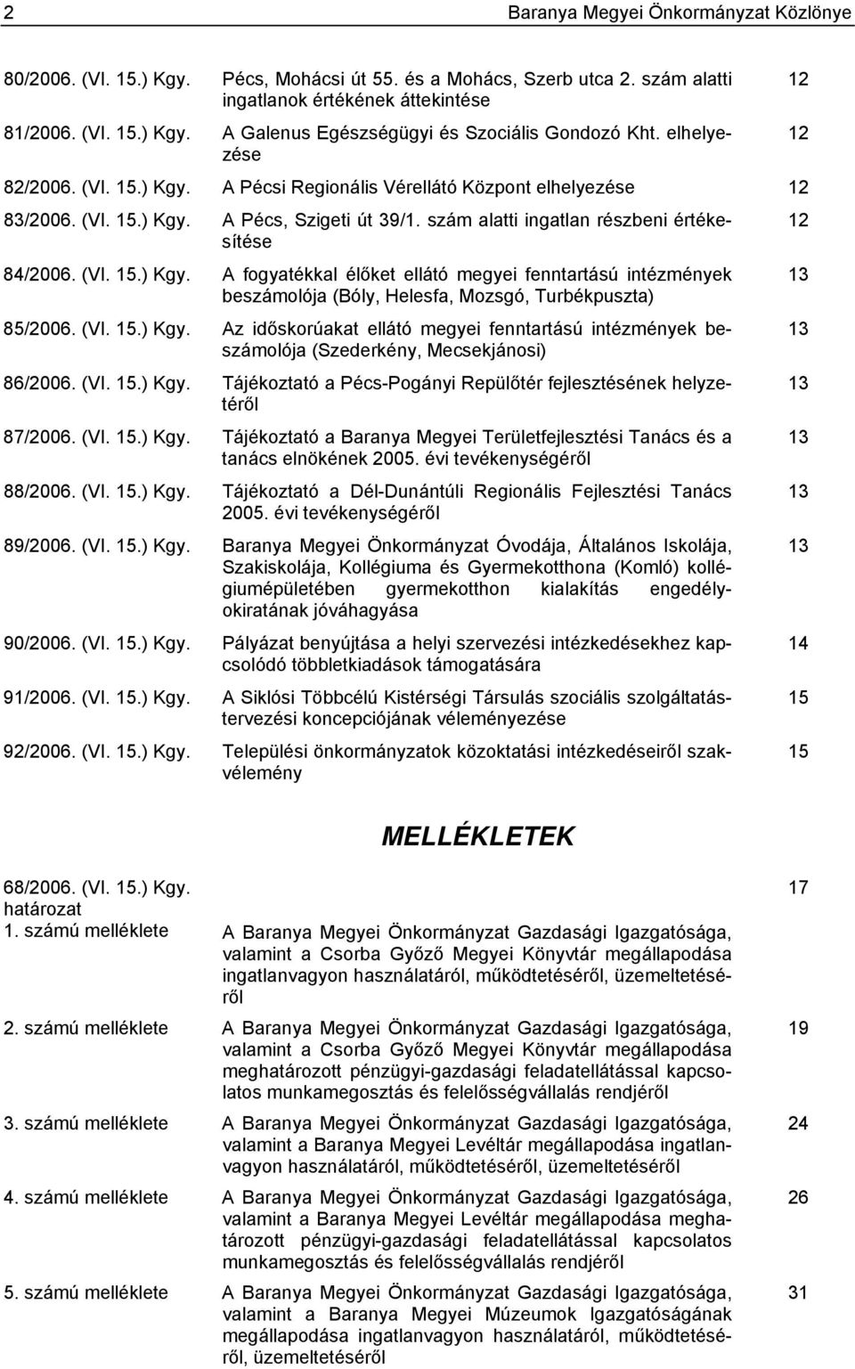 (VI. 15.) Kgy. Az időskorúakat ellátó megyei fenntartású intézmények beszámolója 13 (Szederkény, Mecsekjánosi) 86/2006. (VI. 15.) Kgy. Tájékoztató a Pécs-Pogányi Repülőtér fejlesztésének helyzetéről 13 87/2006.