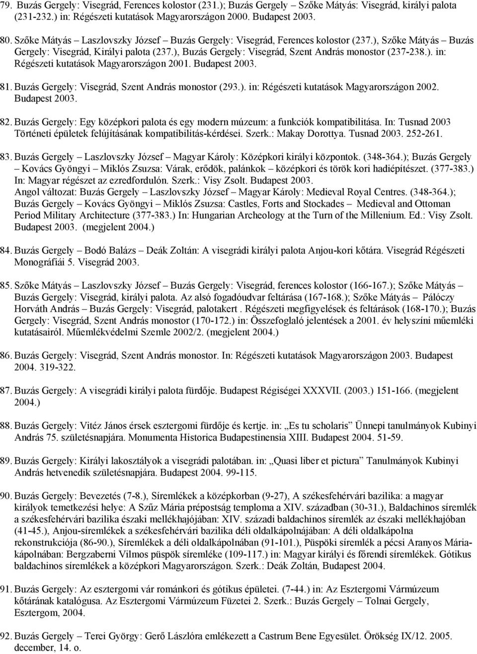 ). in: Régészeti kutatások Magyarországon 2001. Budapest 2003. 81. Buzás Gergely: Visegrád, Szent András monostor (293.). in: Régészeti kutatások Magyarországon 2002. Budapest 2003. 82.